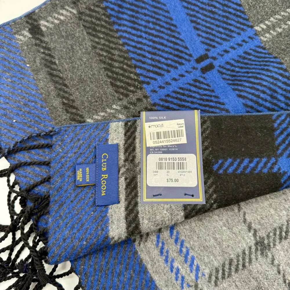 Club Room Mens 100% Silk Plaid Scarf Blue Grey Black Fringe 4103NVY469‎ NWT